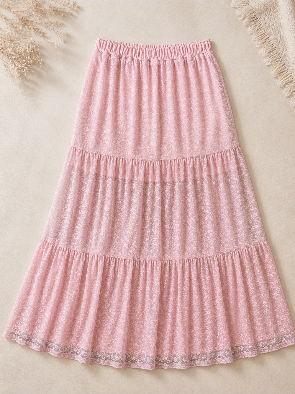 Women's Light Pink Lace Tiered Maxi Skirt